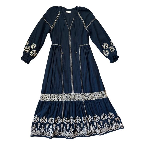 Roller Rabbit Metallic Cross Stitch Aveline Dress Navy/Gold Pockets‎ Size Small - Picture 3 of 13